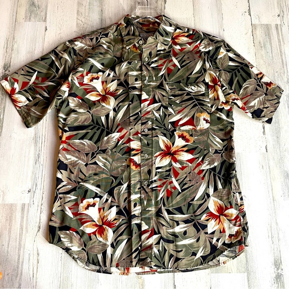 VINTAGE HAWAIIAN SHIRT MENS XL BRICKS BRAND FLORAL TAN GREEN YELLOW ORAN…